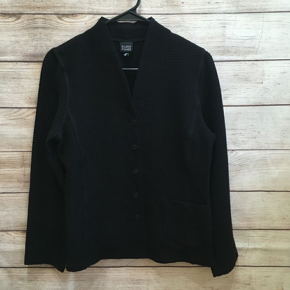 EILEEN FISHER WAFFLE KNIT TEXTURED BLAZER IN BLACK